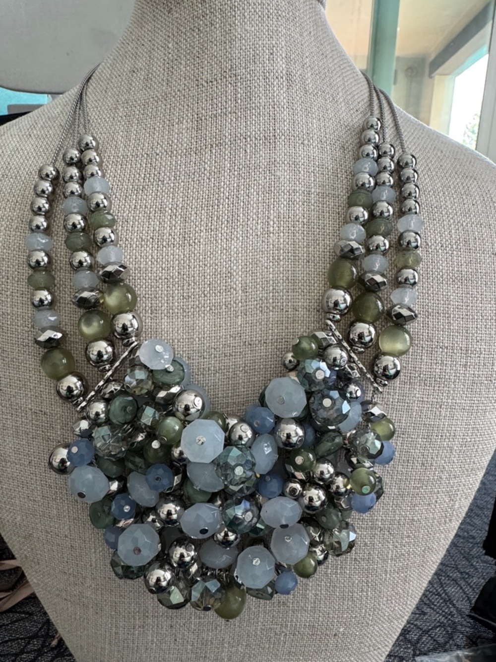 Chico's Multi-Strand Cluster Necklace in Blue, Green & Silver